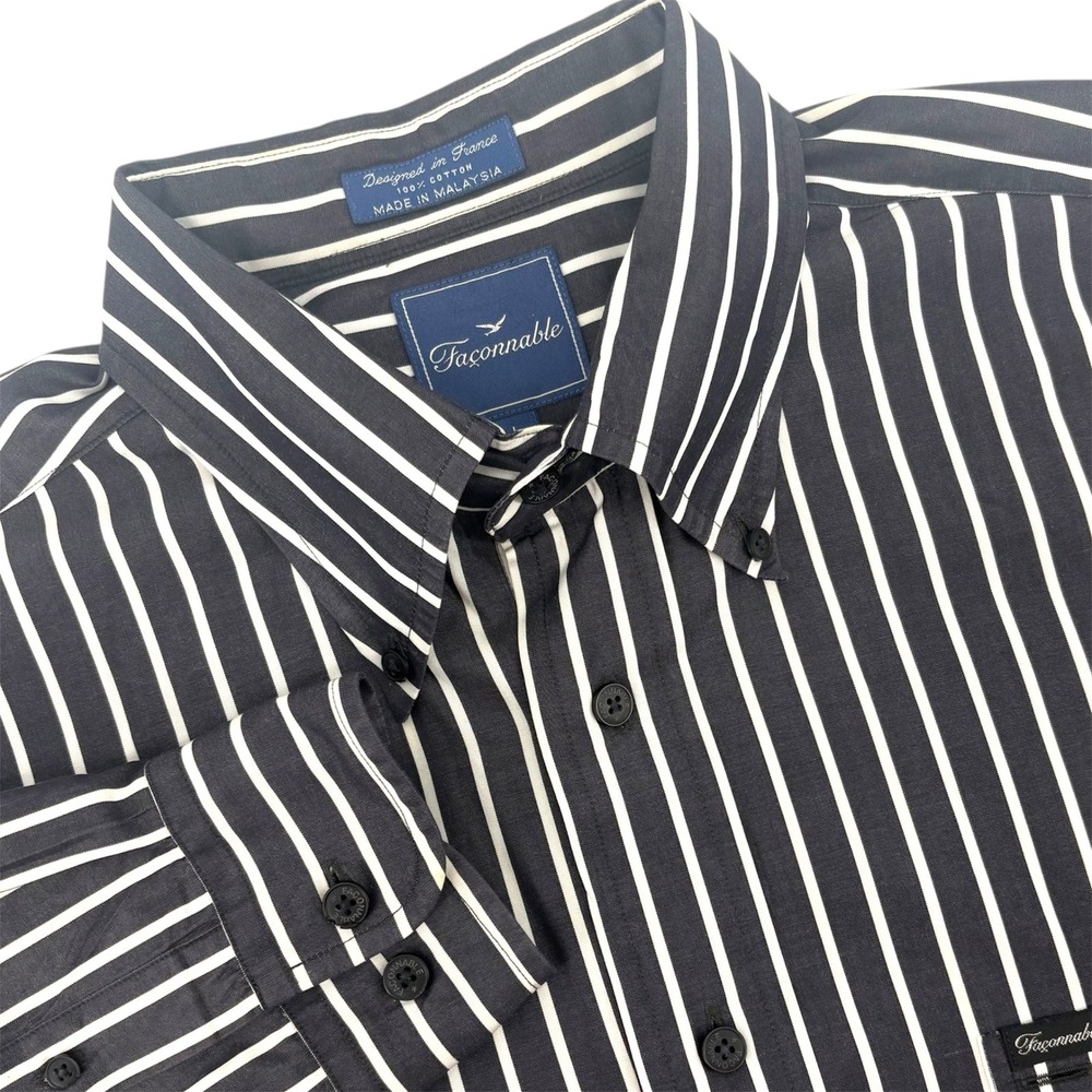 Faconnable Mens Black and White Striped Cotton Button Down Shirt Large